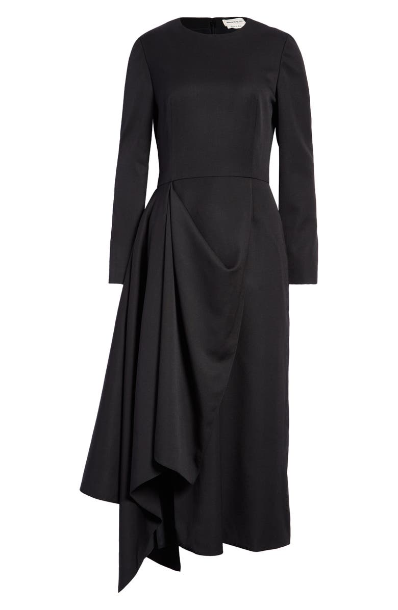 McQueen Drape Detail Long Sleeve Wool Midi Dress, Alternate, color, 