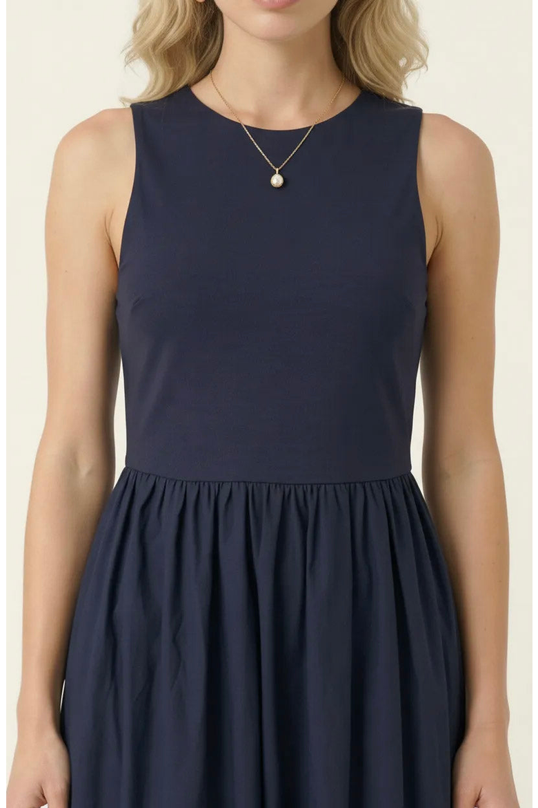 Sleeveless Crewneck Midi Dress with Gathered Waist and Pockets, Alternate, color, Navy Blue