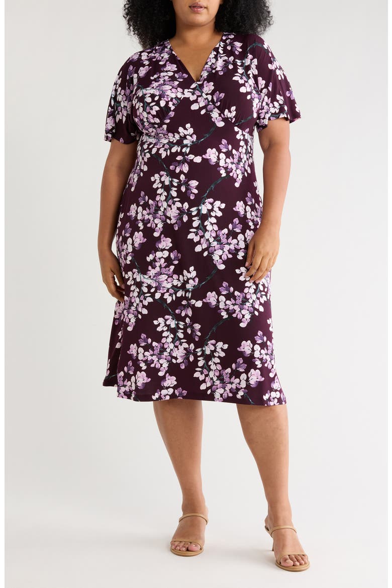 Dolman Sleeve Floral Surplice Neck Dress, Main, color, AUBERGINE