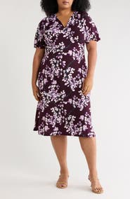 Connected Apparel Dolman Sleeve Floral Surplice Neck Dress