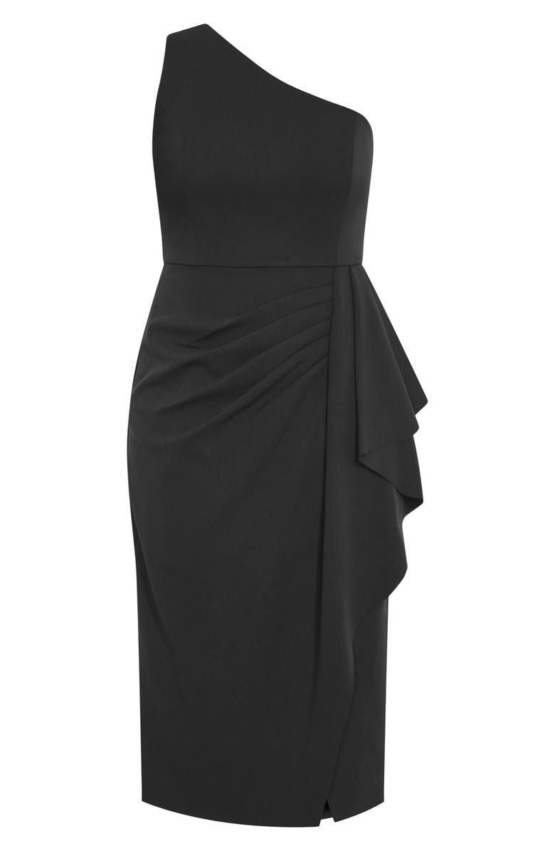City Chic Priyanka Ruffle One-Shoulder Midi Dress, Alternate, color, Black