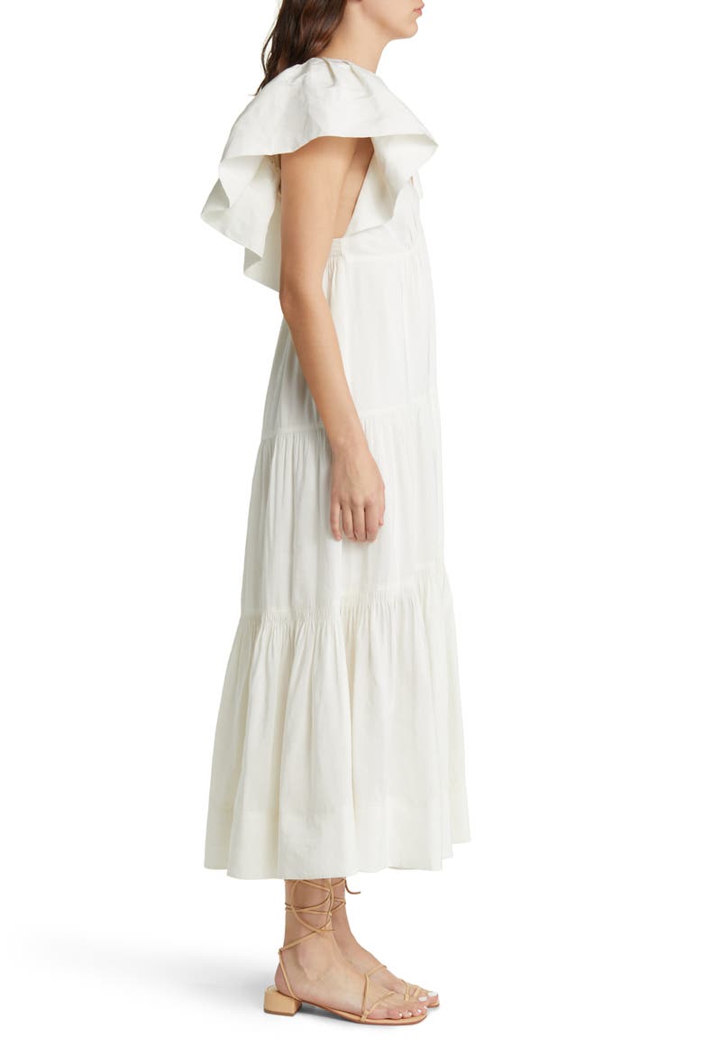Ruffle Shoulder Open Back Linen Blend Midi Dress, Alternate, color, IVORY