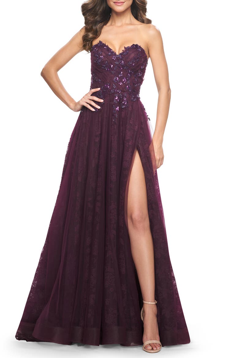 A-Line Gown with Lace Lining and Beaded Embellishments, Alternate, color, Dark Berry