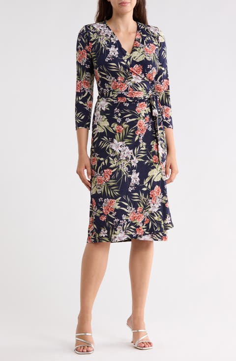 Floral Three-Quarter Sleeve Wrap Midi Dress