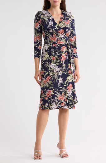 Floral Three-Quarter Sleeve Wrap Midi Dress