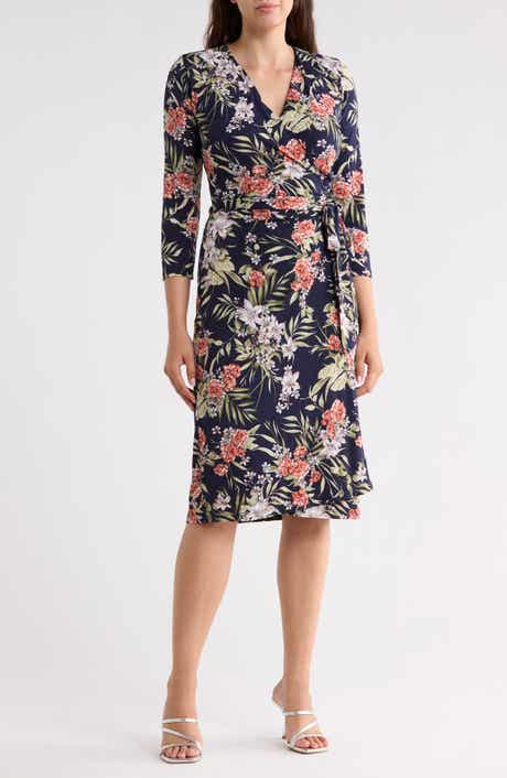 Floral Three-Quarter Sleeve Wrap Midi Dress