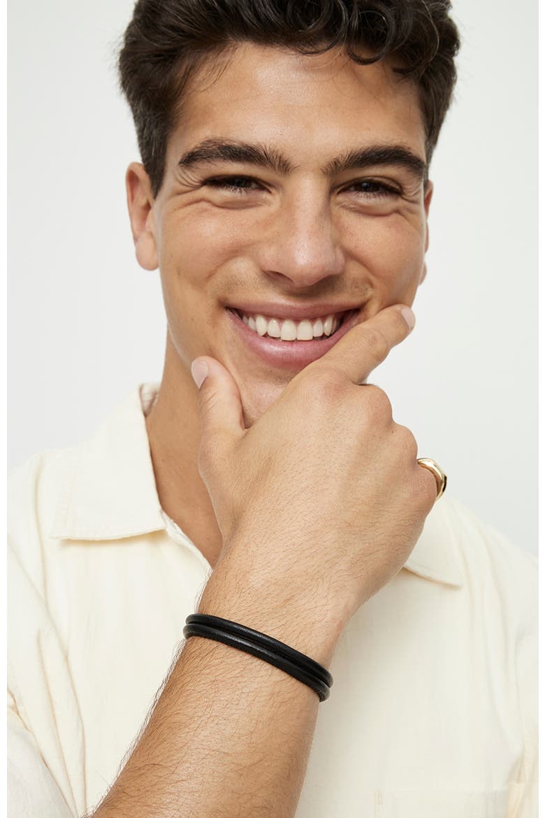 Black Leather Bracelet with Gold Closure, Alternate, color, Gold