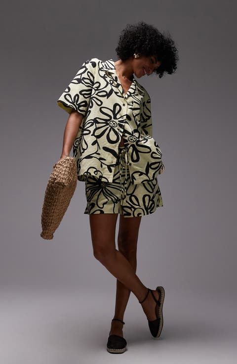 High Waist Cotton Blend Shorts