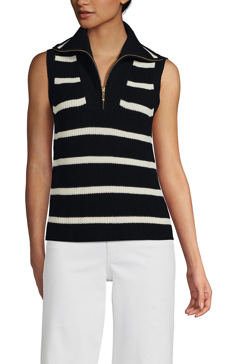 Lands' End Drifter Quarter Zip Vest Sweater, Main, color, Fresh Ivory/Black Stripe