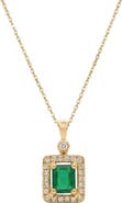 Qirat Fine Jewelry Emerald Cut Emerald & Diamond Halo Necklace