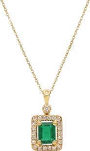 Qirat Fine Jewelry Emerald Cut Emerald & Diamond Halo Necklace