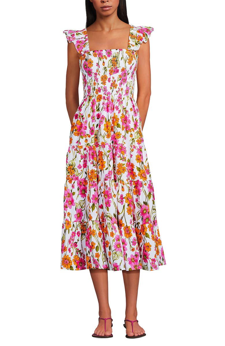 Lands' End Chambray Smocked Dress with Ruffle Straps, Main, color, White Climbing Floral