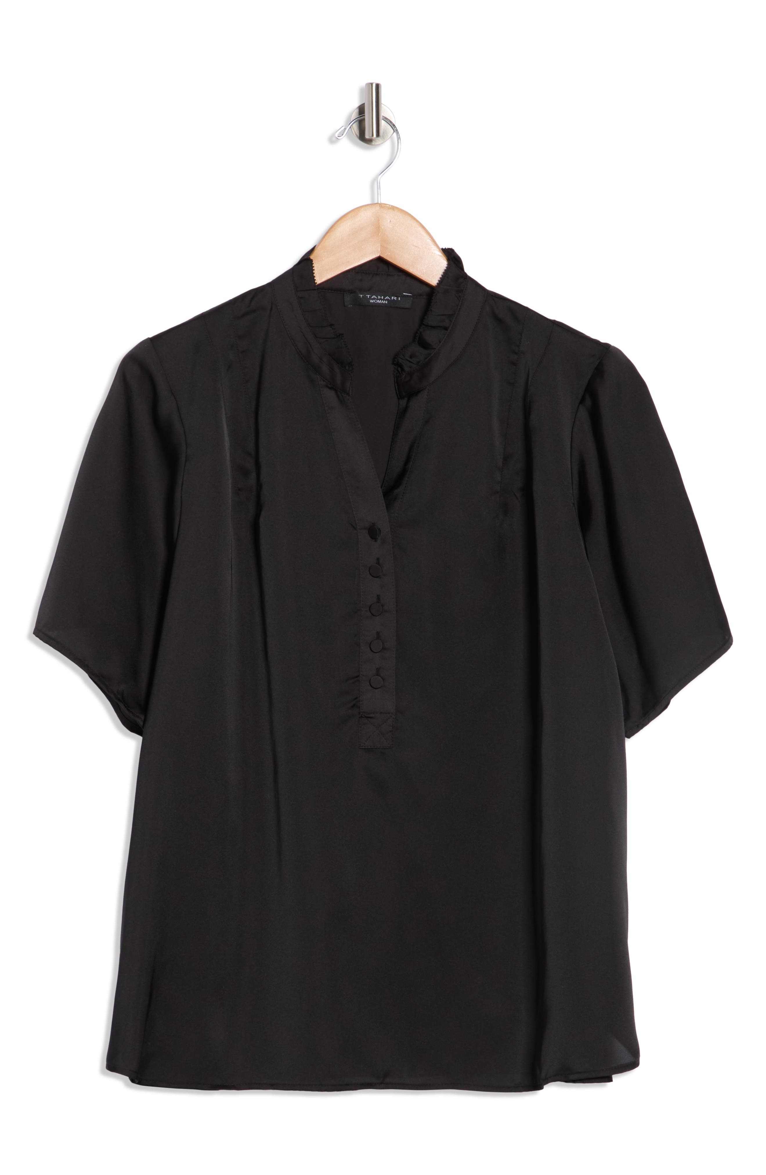 T Tahari Ruffle Split Neck Short Sleeve Top