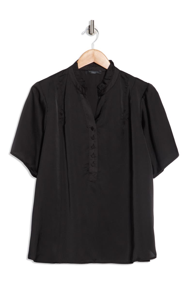 Ruffle Split Neck Short Sleeve Top, Alternate, color, BLACK