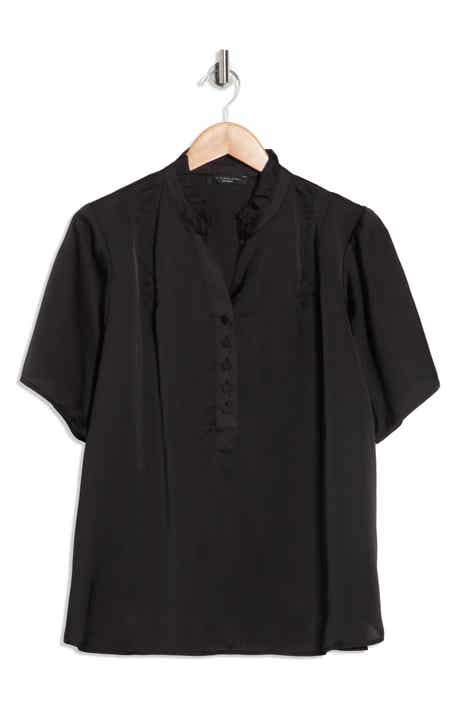 T Tahari Ruffle Split Neck Short Sleeve Top