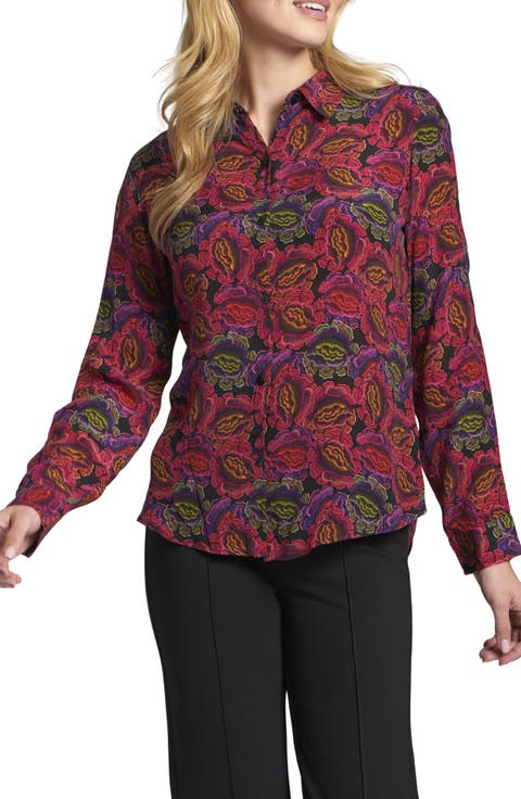 Abstract Print Roll Tab Sleeve Chiffon Button-Up Shirt