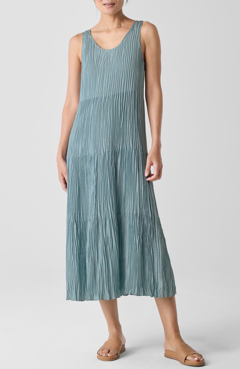 Eileen Fisher Tiered Pleated Silk Midi Dress, Main, color, Seafoam
