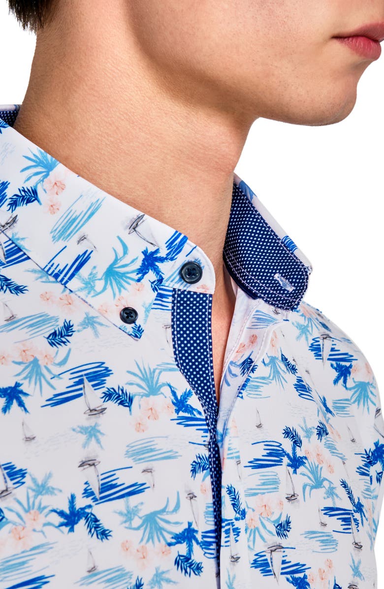 CONSTRUCT Tropical Short Sleeve Woven Button Down Shirt, Alternate, color, White/ Blue