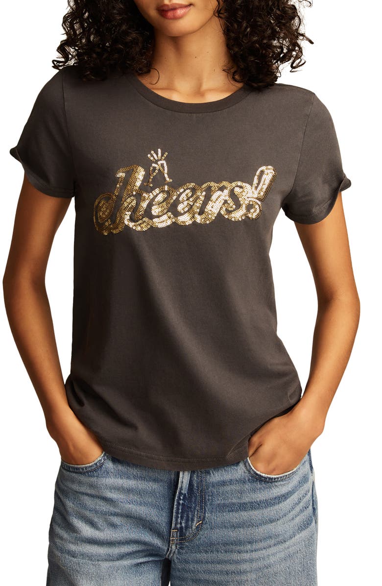 Lucky Brand Sequin Cheers Classic T-Shirt, Main, color, Jet Black