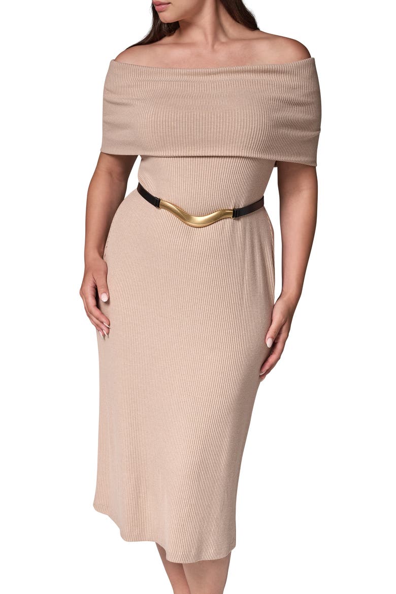 Off the Shoulder Belted Knit Dress, Alternate, color, CAMEL