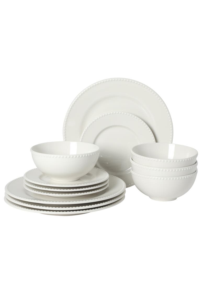 Caviara 12-Piece Beaded Rim Porcelain Dinnerware Set, Main, color, White