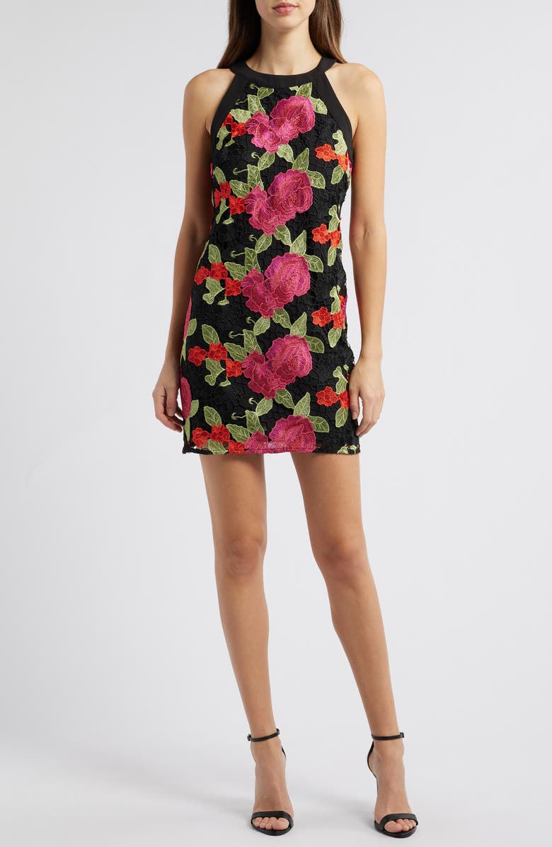 Sam Edelman Black Cherry Floral Embroidery Minidress, Main, color, Pink/ Green