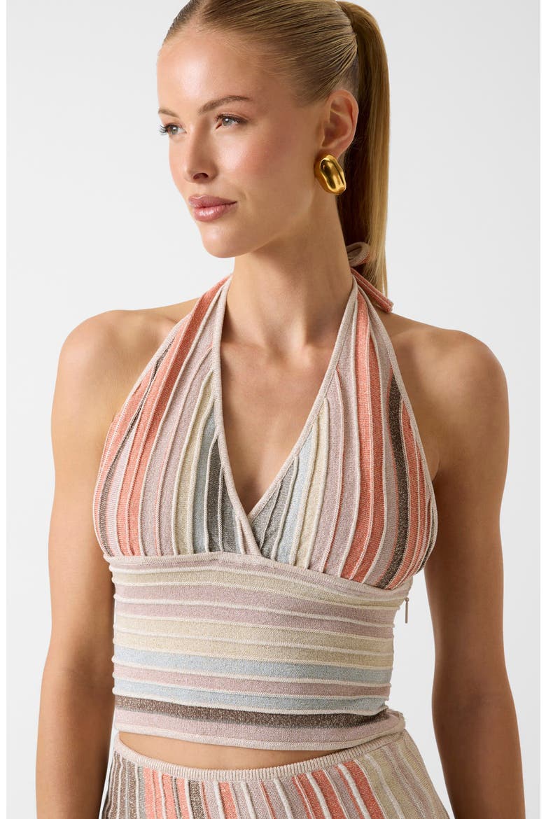 Rosy Stripe Metallic Knit Halter Neck Sweater, Alternate, color, BROWN