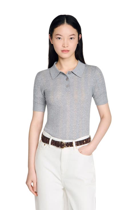 Pointelle polo-neck wool sweater