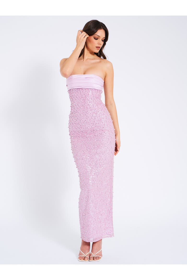 Lainey Satin Strapless Party Sequin Pearl Beaded Maxi Dress, Alternate, color, Light Pastel Purple
