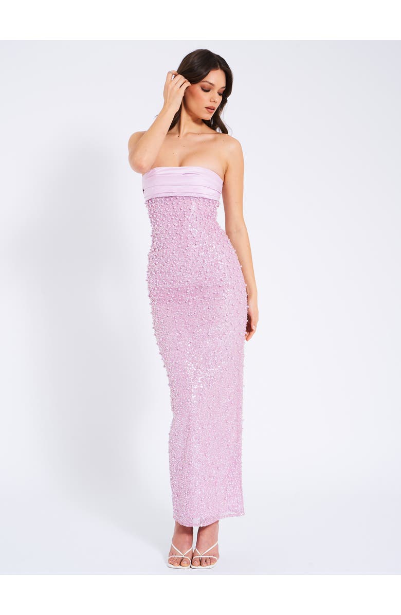 Miss Circle Lainey Satin Strapless Party Sequin Pearl Beaded Maxi Dress, Alternate, color, Light Pastel Purple