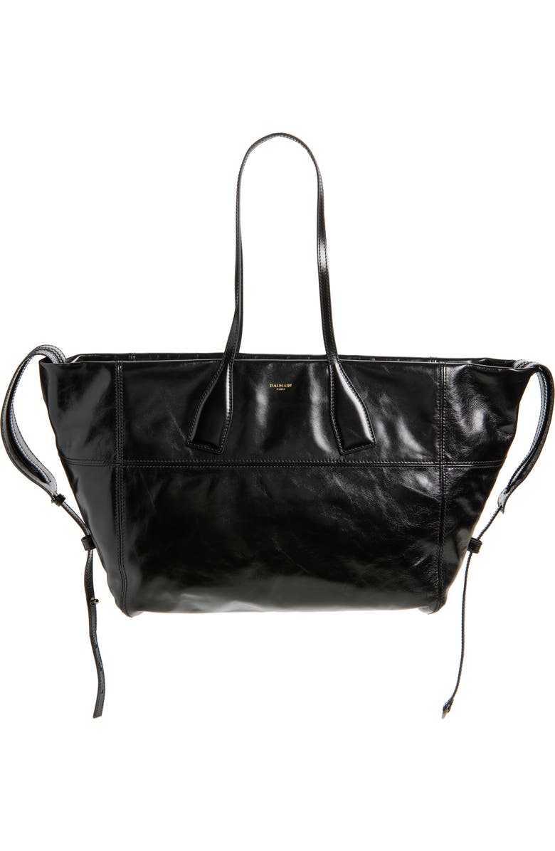 Balmain Track Shiny Leather Tote, Main, color, 0Pa Black