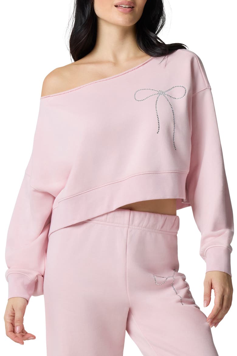 Crystal Bow Off the Shoulder Crop Sweatshirt, Main, color, BALLET SLIPPER