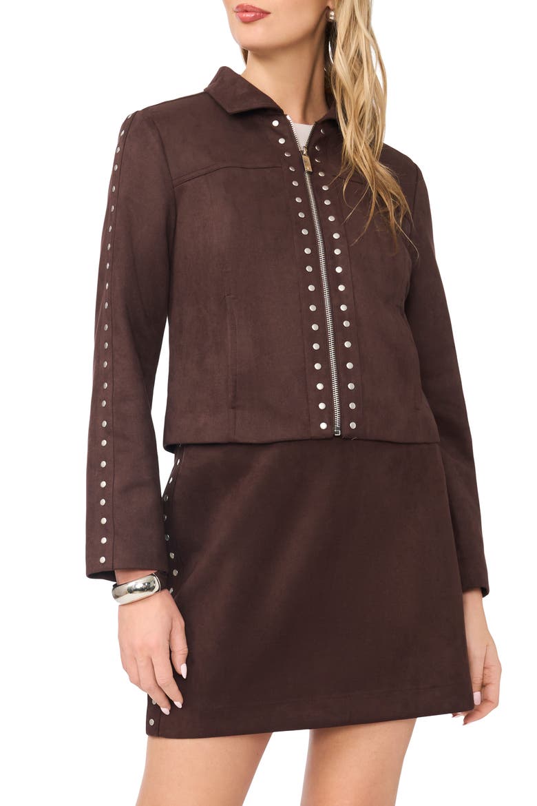 Studded Faux Suede Trucker Jacket, Main, color, DARK ROAST