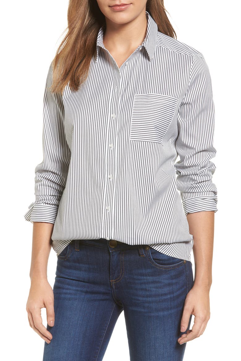 Stretch Woven Shirt, Main, color, WHITE- BLACK STRIPE
