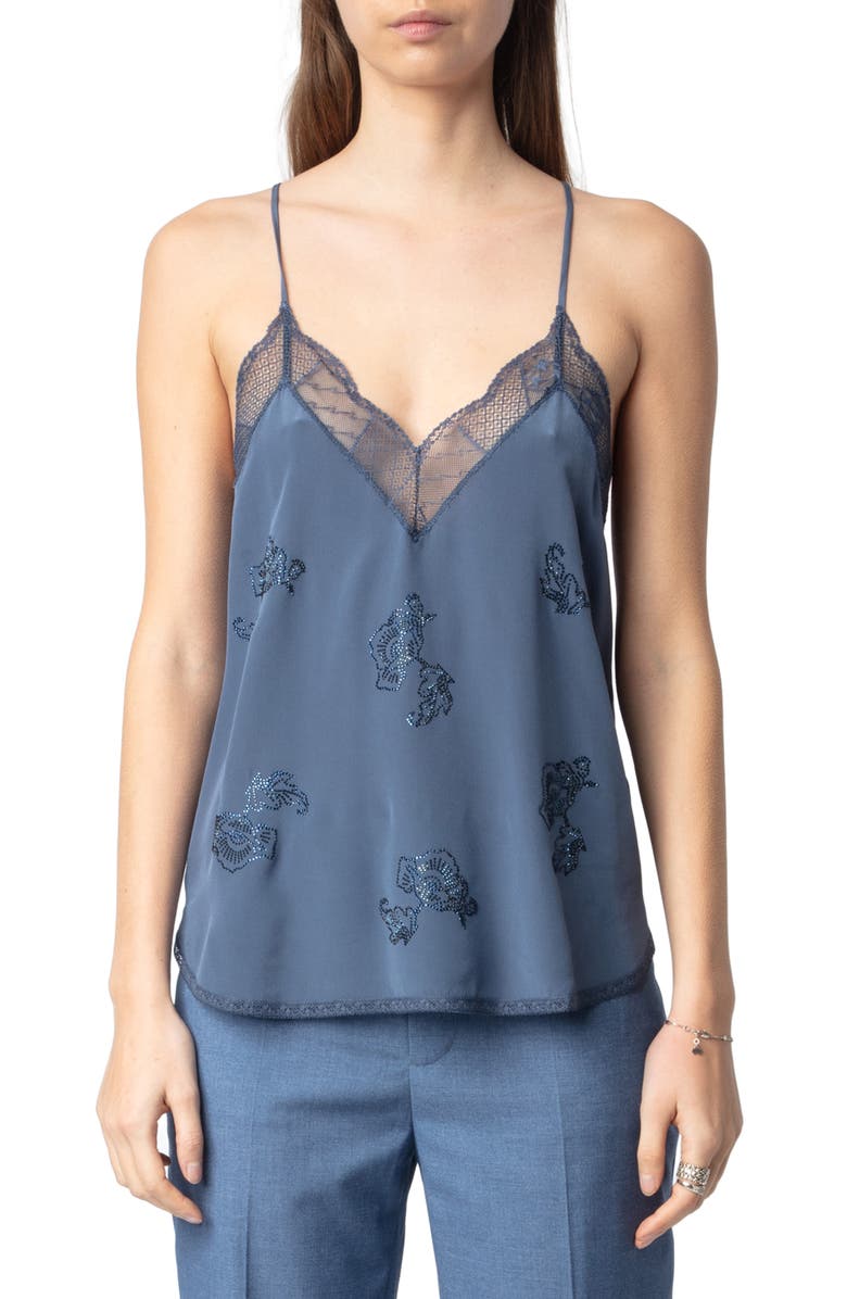 Zadig & Voltaire Christy Ivy Strass Floral Embellished Lace Edge Camisole, Main, color, 