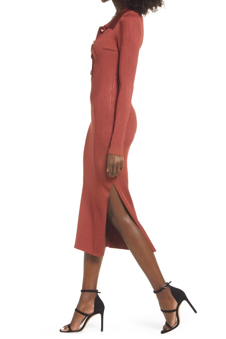 Long Sleeve Polo Midi Dress, Alternate, color, BRICK001