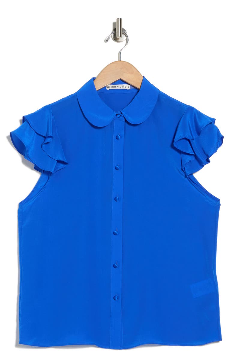 Alice + Olivia Ziggy Ruffle Cap Sleeve Silk Blend Top, Main, color, Sapphire