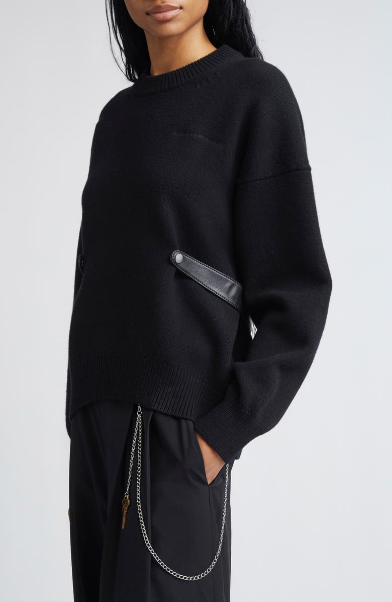 Alexander Wang Relaxed Wool Blend Sweater with Detachable Leather Tabs, Alternate, color, Black