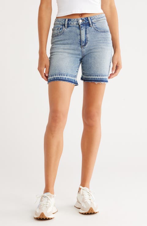 Release Hem High Waist Mid Length Denim Shorts (Clear Lake)