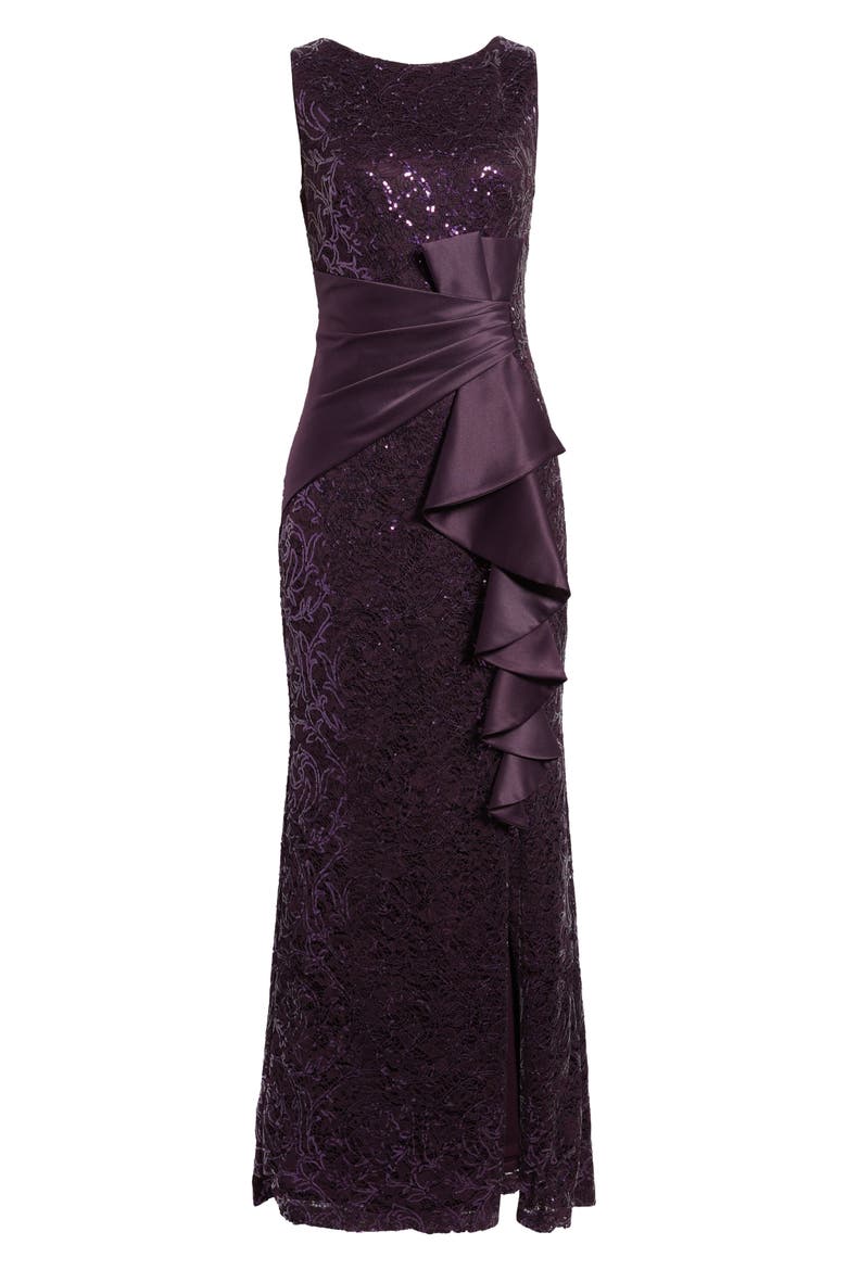 Sequin Ruffle Sleeveless Lace Trumpet Gown, Alternate, color, PLUM