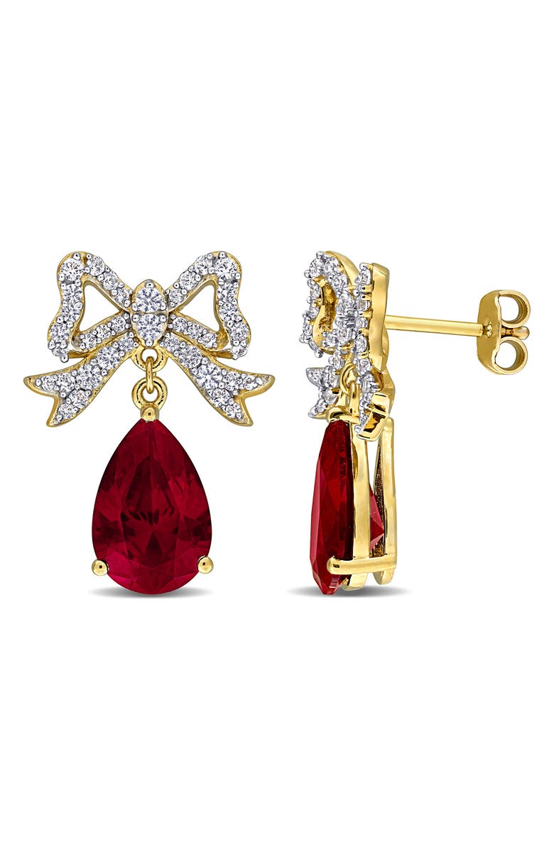 DELMAR Lab-Grown White Sapphire & Lab-Grown Ruby Bow Drop Earrings, Main, color, Red