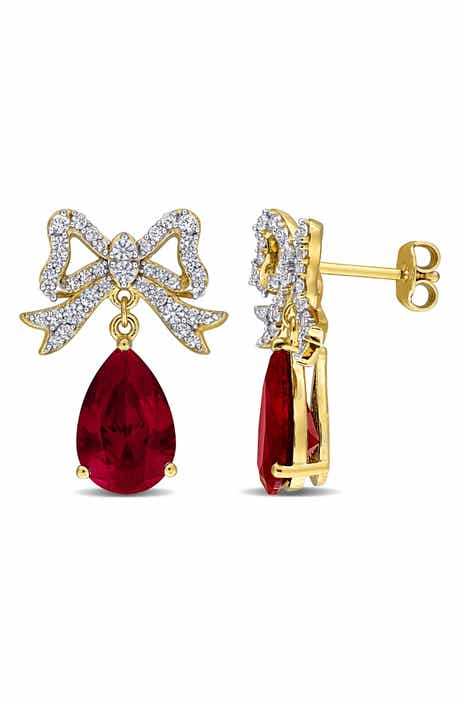 DELMAR Lab-Grown White Sapphire & Lab-Grown Ruby Bow Drop Earrings