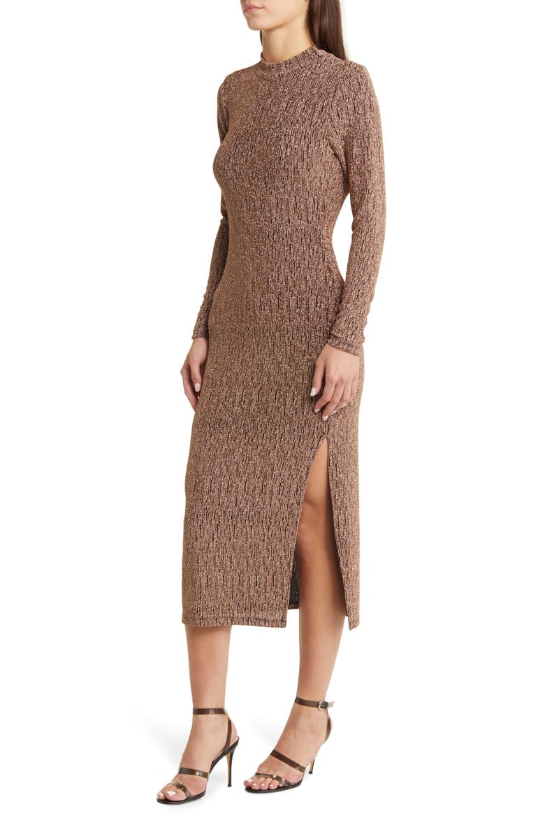 Metallic Long Sleeve Body-Con Midi Dress, Alternate, color, BRONZE