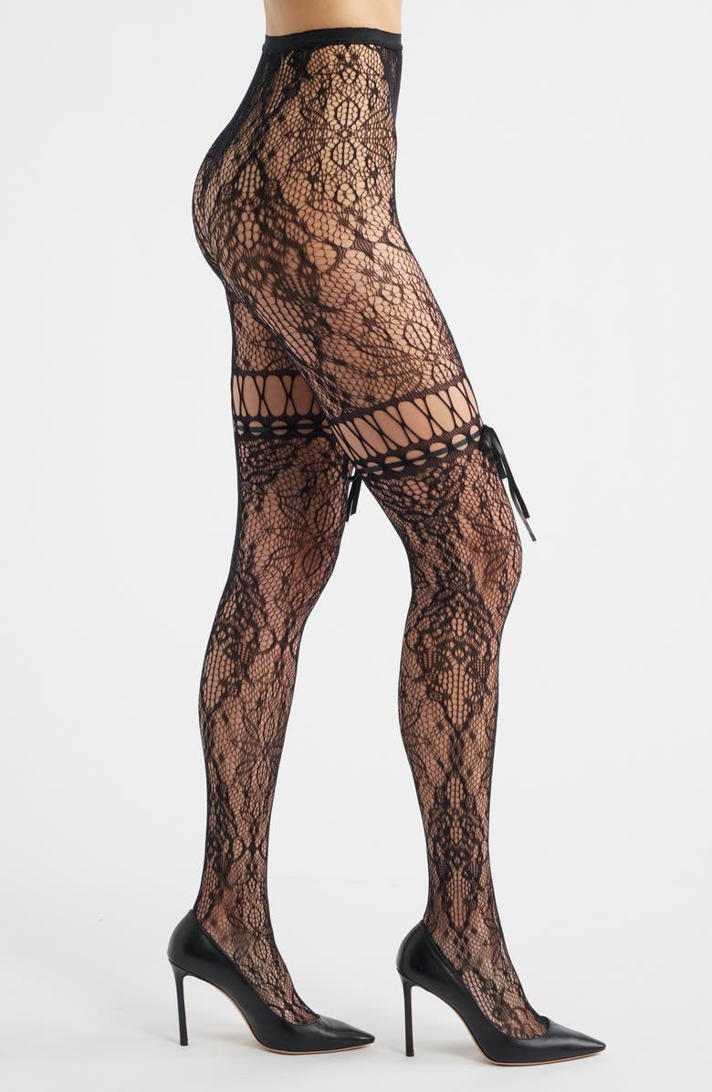 HIGH HEEL JUNGLE Chevonne Satin Ribbon Lace Fishnet Tights, Main, color, Black