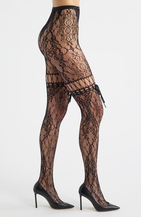 Chevonne Satin Ribbon Lace Fishnet Tights