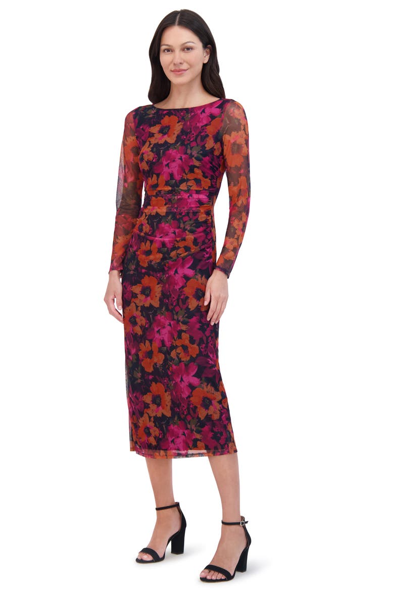Floral Ruched Long Sleeve Body-Con Midi Dress, Alternate, color, BERRY