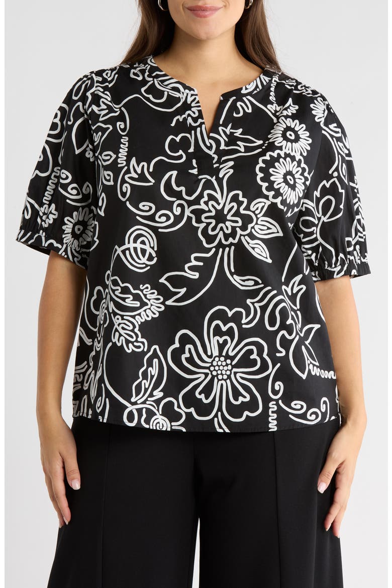 Haylie Floral Split Neck Cotton Top, Main, color, BLACK-WHITE-MULI
