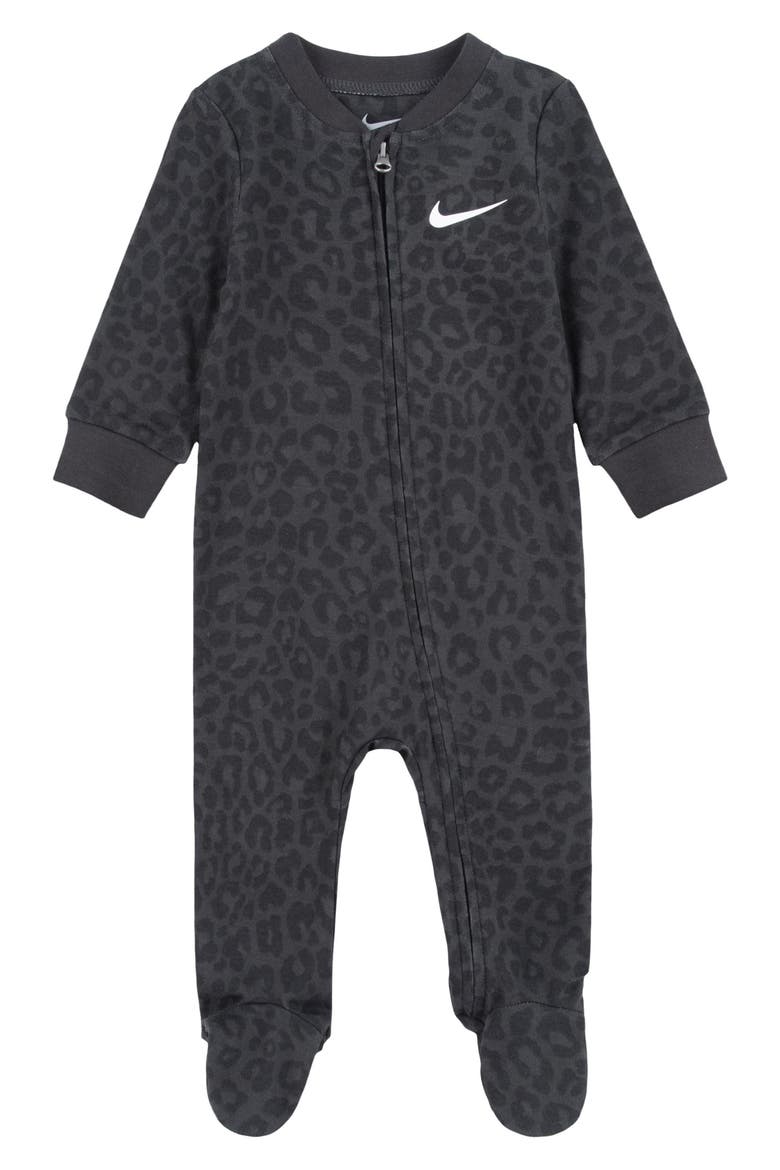 Animal Print Cotton Blend Footie, Main, color, DARK SMOKE GREY