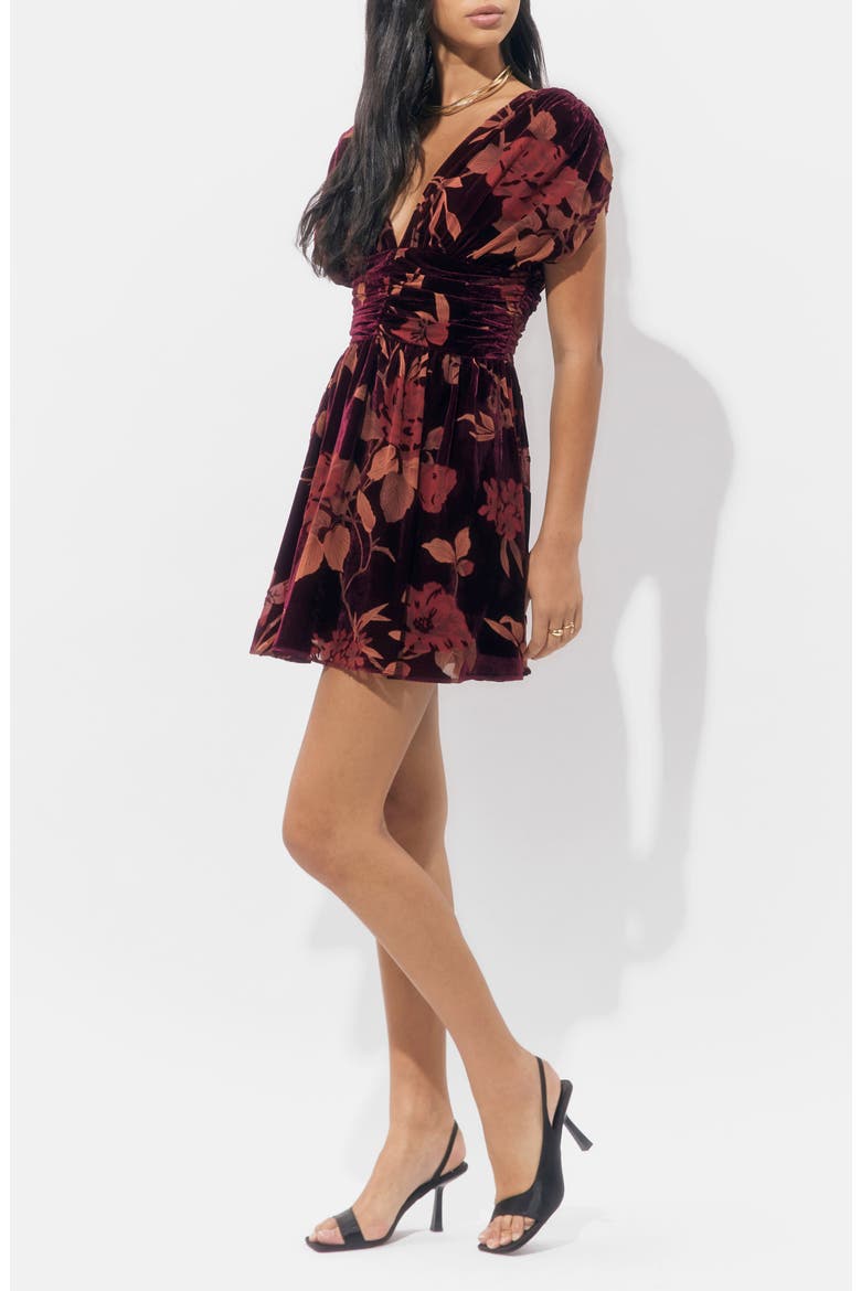 Myla Floral Print Ruched Velvet Minidress, Alternate, color, BURGUNDY