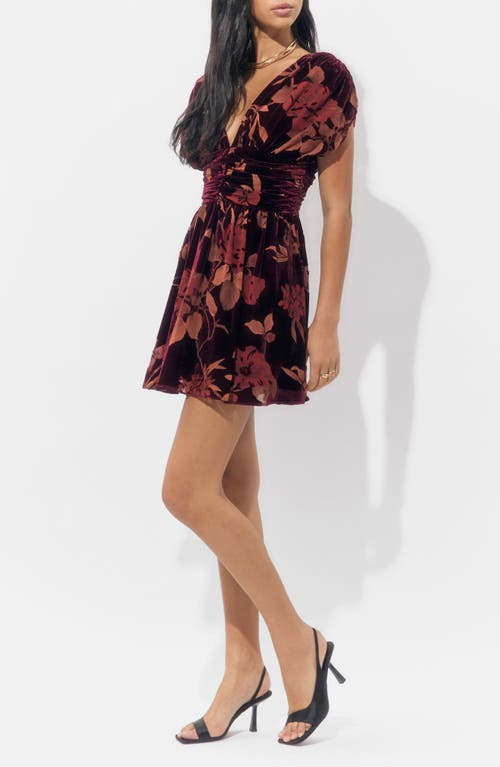 Adelyn Rae Myla Floral Print Ruched Velvet Minidress In Burgundy